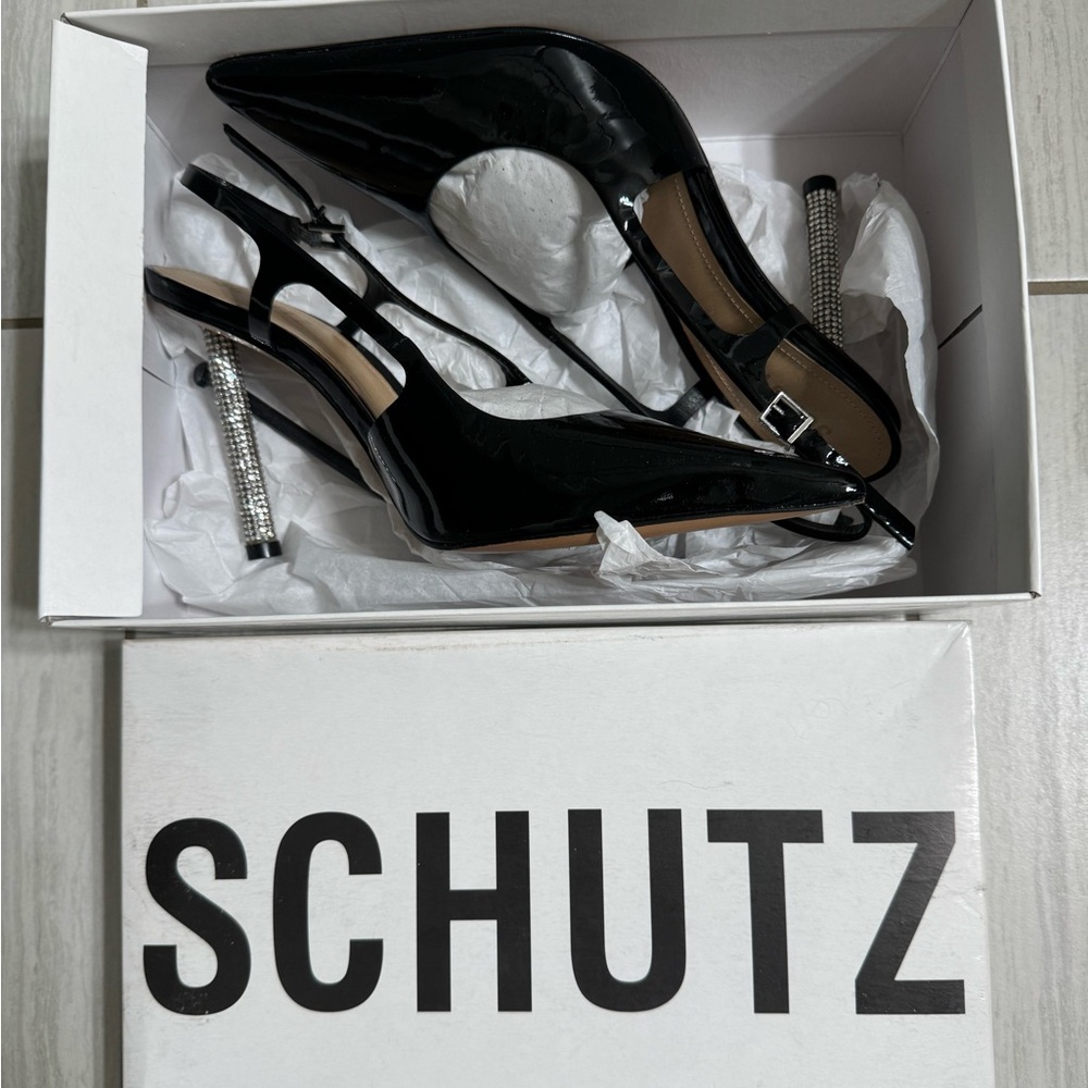 Schutz Glamorous Black Stiletto Heels with Slingback Design and Sparkly Heel